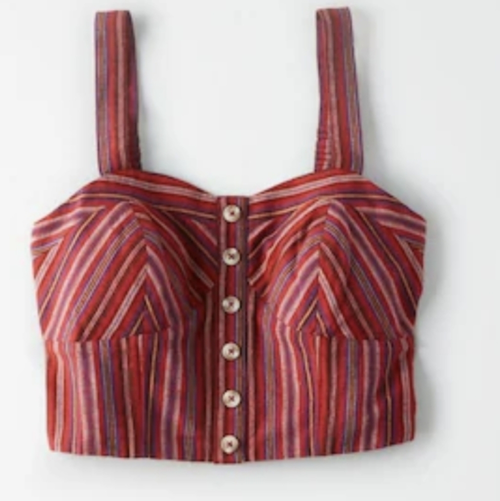 Cropped Striped Red Corset Cotton Linen Blend Top Boho Festival Western Rodeo M